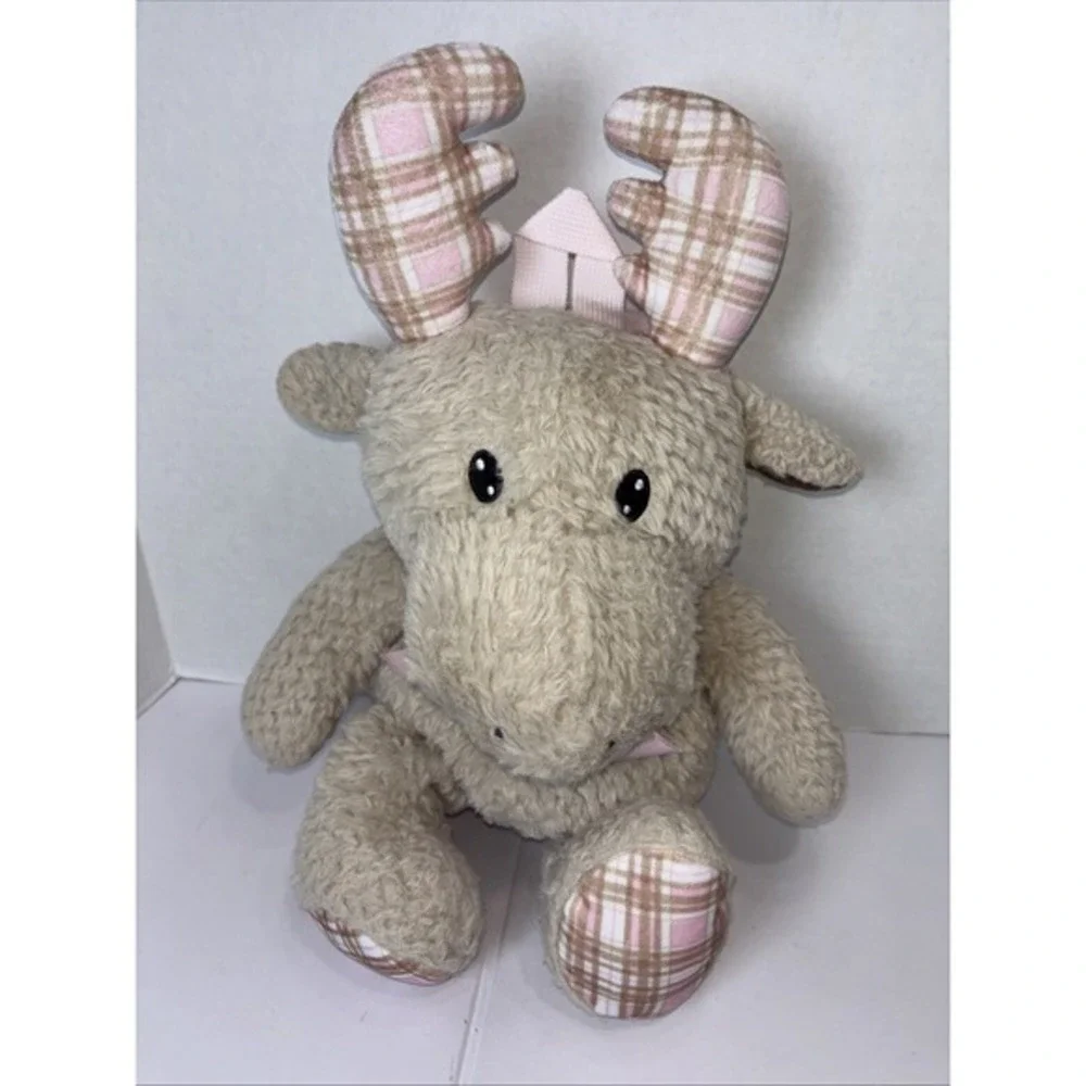 Tan Moose Plush Backpack‎ Pink Plaid Antlers Sherpa Faux Fur Stuffed Animal Bag